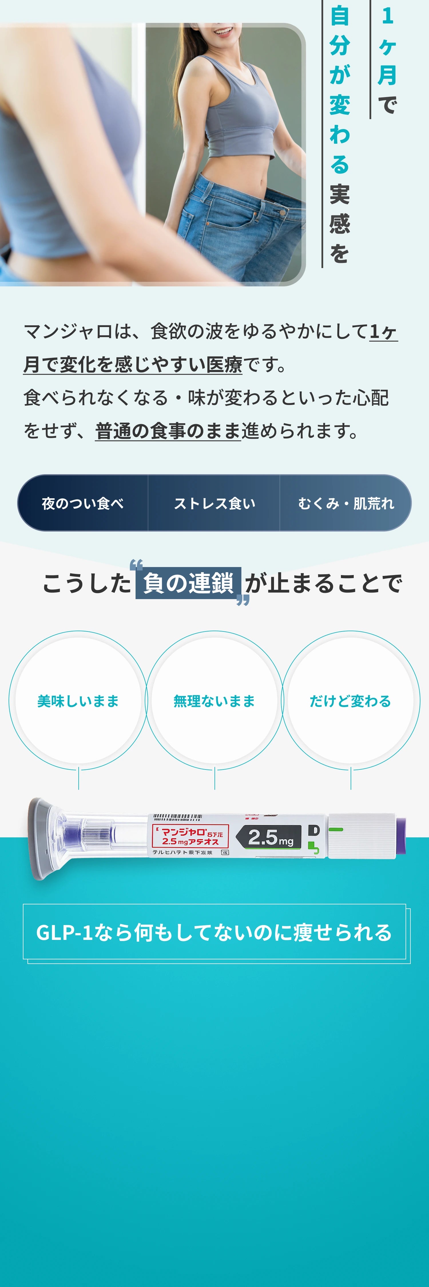 1ヶ月で自分が変わる実感を - マンジャロは食欲の波をゆるやかにして1ヶ月で変化を感じやすい医療です