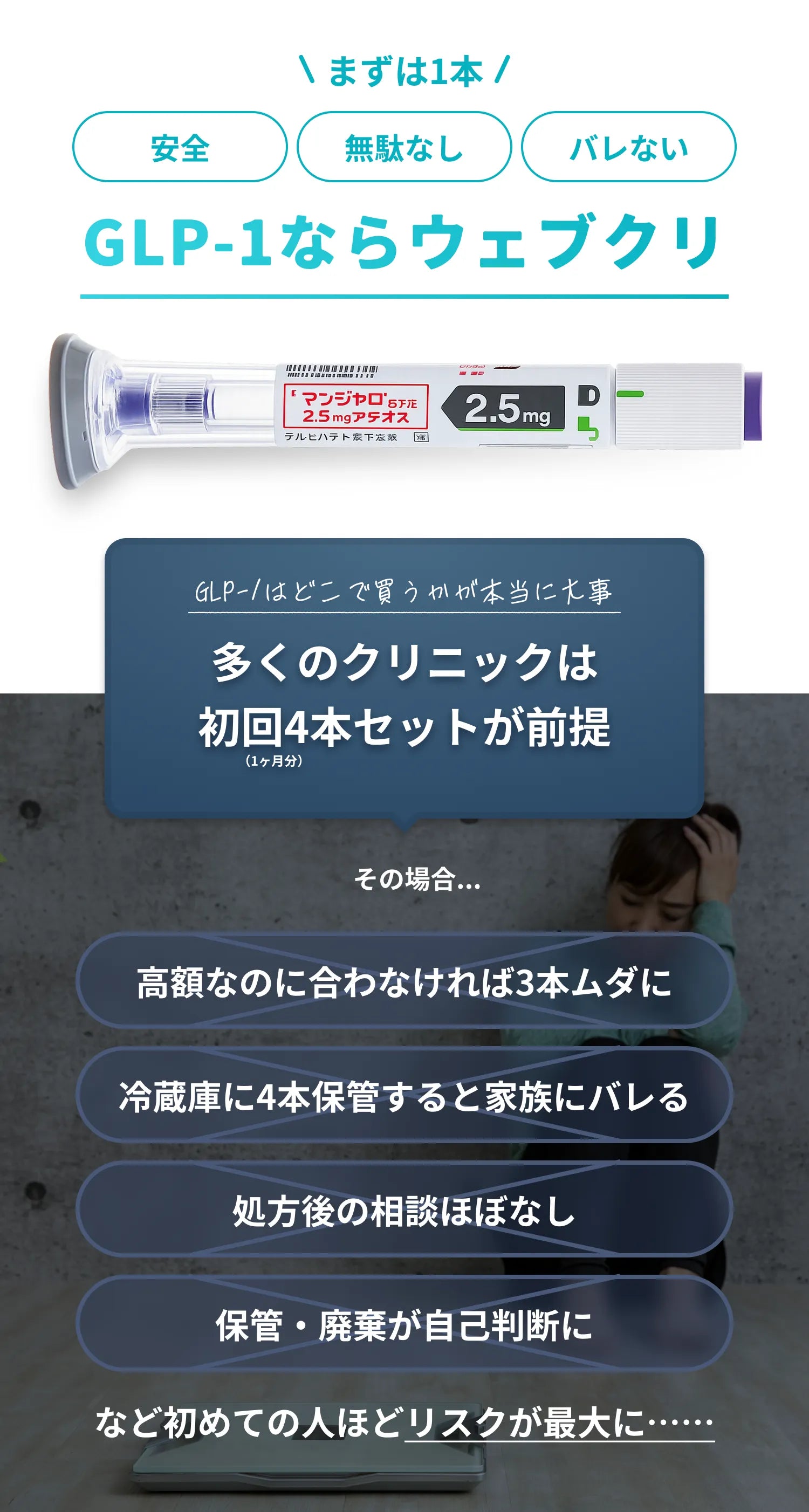 まずは1本 GLP-1ならウェブクリ - 多くのクリニックは初回4本セットが前提